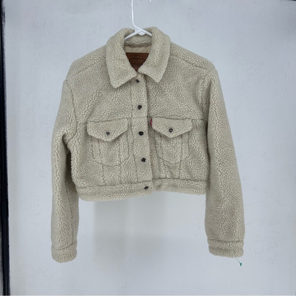 Levi's Women's Baby Bubble Sherpa Fleece Cropped Trucker Jacket size Small Cream
